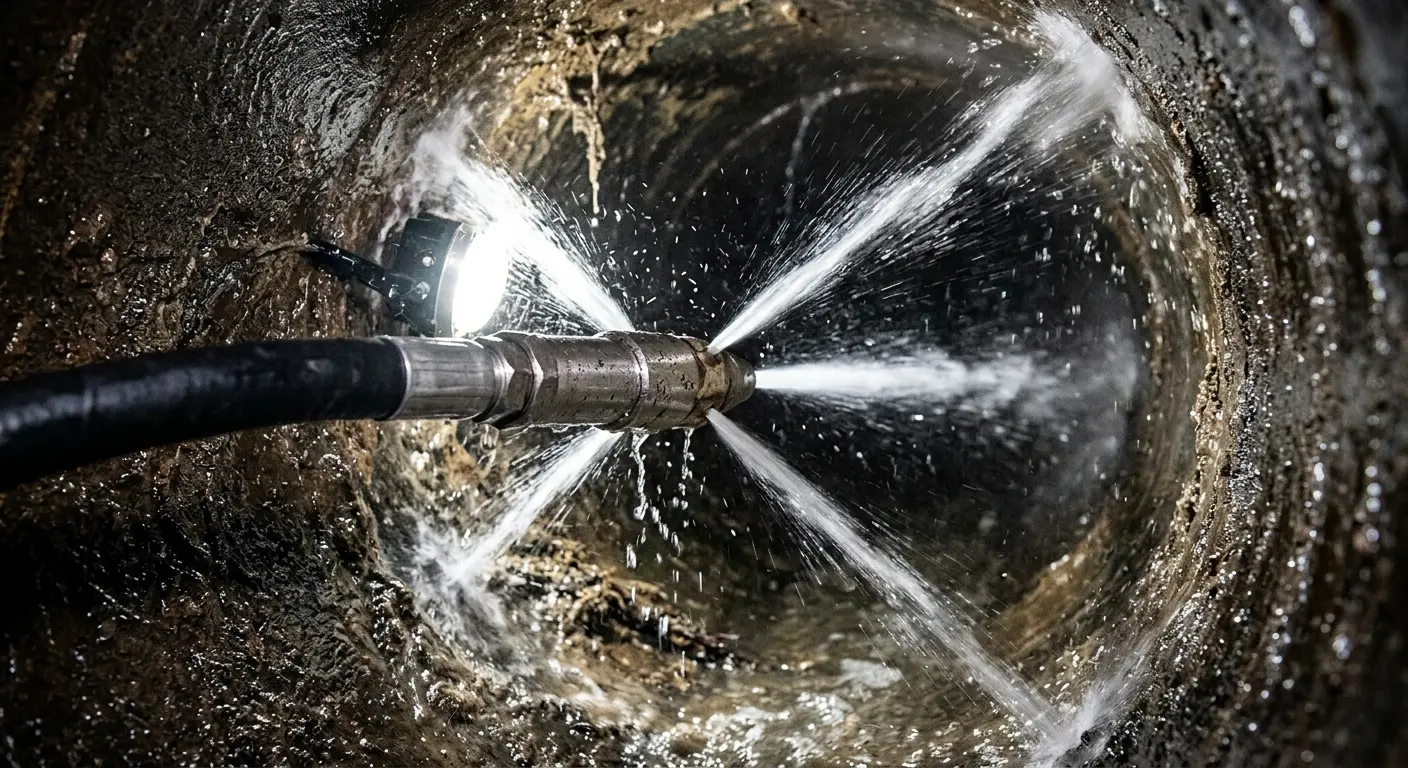 High-pressure hydro jetting nozzle cleaning sewer pipe for Trenchless Sewer Repair in Mendon